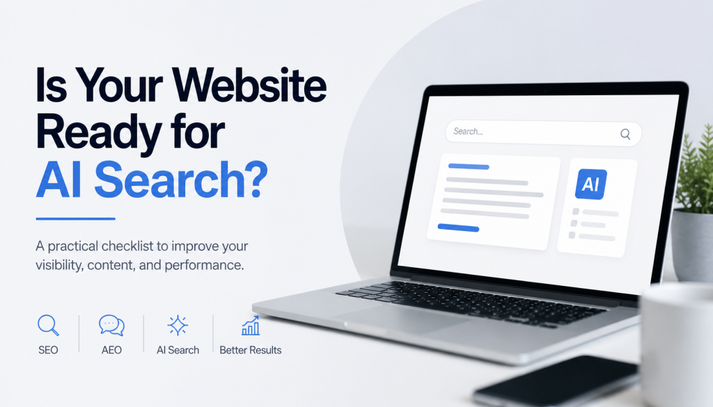 AI search optimization banner showing a laptop with search results, SEO, AEO, and website visibility concepts.