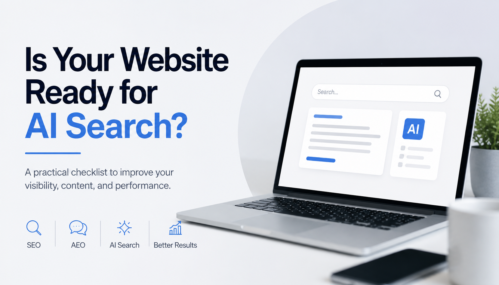 AI search optimization banner showing a laptop with search results, SEO, AEO, and website visibility concepts.
